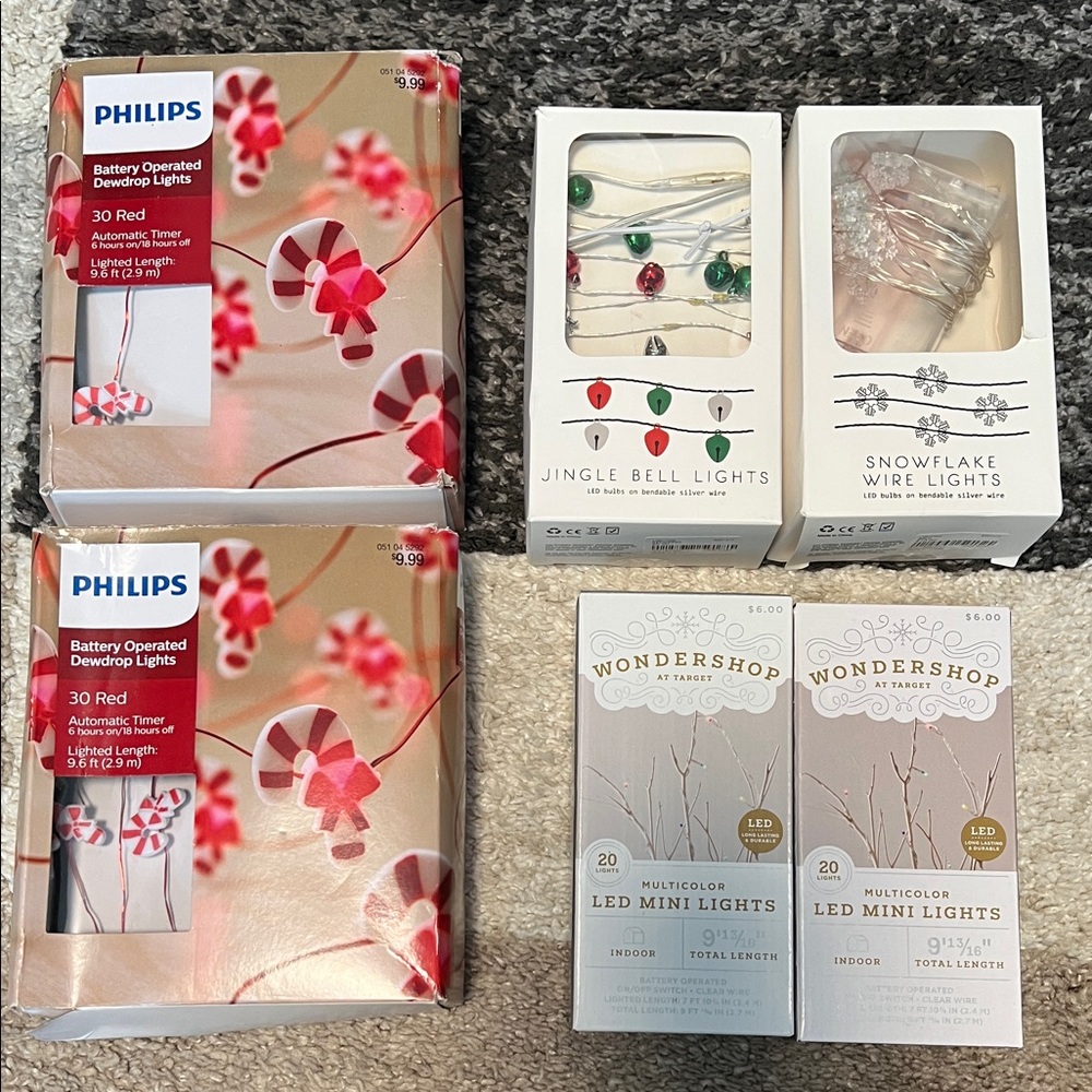 SIX Christmas LED lights, NIB and EUC! Candy canes, bells, snowflakes, multi!
